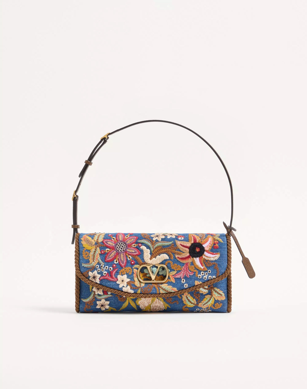 Valentino Garavani DeVain Small Embroidered Denim Shoulder Bag
