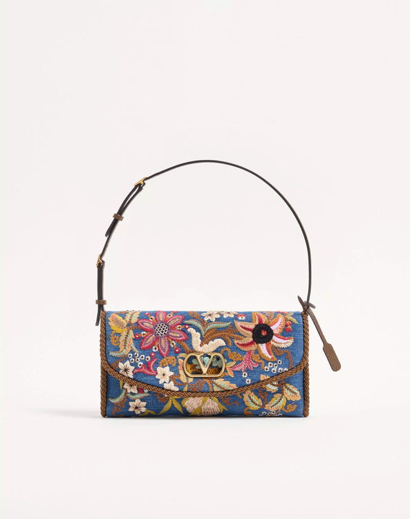 Valentino Garavani DeVain Small Embroidered Denim Shoulder Bag